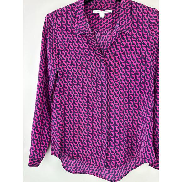 Diane von Furstenberg Silk Button Blouse Pink Navy Top Lorelei Chain DVF Size 8 - Picture 3 of 16